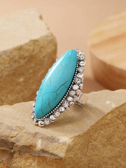 1 件复古绿松石水钻开口戒指，简约实用，多功能