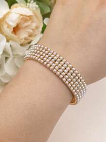 1 set/Múltiple Pulsera de tenis con banda elástica y perlas falsas, color dorado 3MM