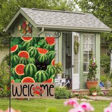 12 X 18 Inch Watermelon Summer Garden Flag, Double-Sided Outdoor, Black Cat Welcome Flag, For Outdoor Yard