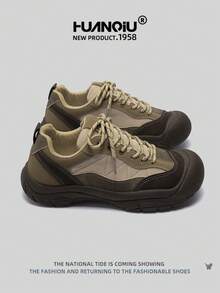 HUANQIU 2025 New Men's Shoes Hiking Shoes Men's Sports Shoes Chunky Sneakers Mesh Breathable White Shoes Versatile Light And Comfortable Lace-Up Soft-Soled Casual Shoes Running Shoes Khaki Four Seasons Shoes - Khaki - View 4