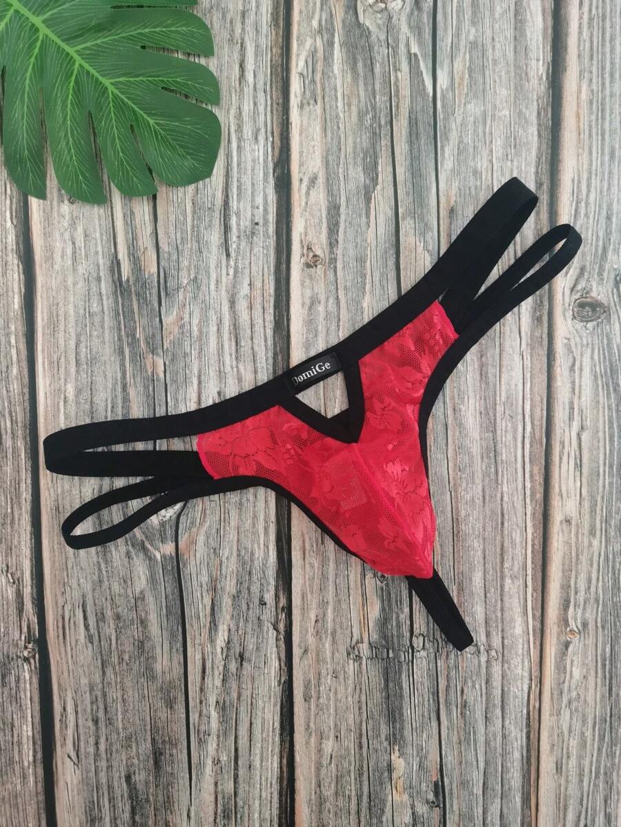 DomiGe 1pc Sexy Red Jacquard Mesh Hollow-Out Men's Erotic G-String Underwear