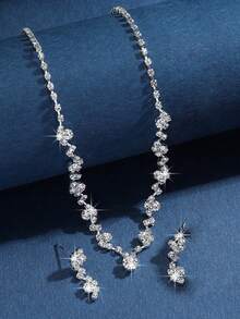 3件套简约闪耀钻石水滴项链耳环首饰套装，适合女士婚礼、生日、周年纪念派对佩戴 - 玫瑰金 - 查看 8