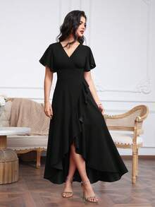 Solid Color Elegant Asymmetric/Asymmetrical Pleated Flounce/Ruffle Hem Dress - Black - View 6