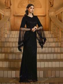 Black Sequin V-Neck Mesh Sleeves Prom Dress