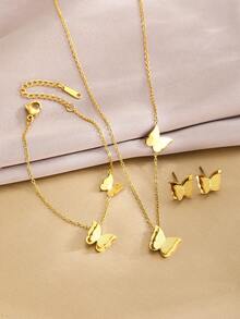 3pcs Elegant Fashionable Gold Butterfly Pendant Necklace, Bracelet And Earrings Set, Suitable For Girls Daily Wear, Can Be Jewelry Accessories, Gifts, Birthday Or Holiday Gifts