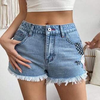 Butterfly & Rose Print Distressed Light Blue Denim Shorts, Essential For Traveling & Vacation