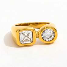 VKHK 1 Piece 18K Gold Plated Stainless Steel Round & Square Zirconia Decor Single Ring, Suitable For Men & Women, Daily & Wedding Wear, Gift - Diamond Ring - View 8