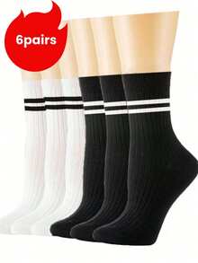 1/5/6/10 双纯色和条纹涤纶混纺中筒袜，男女通用休闲运动袜，适合所有季节，秋季 - 彩色 - 查看 4