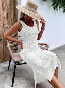 女士针织腰带连衣裙，休闲度假，春夏皆宜，纯色，圆领，无袖，开衩，短款，修身连衣裙，返校季，秋季，优雅女装，秋季长款派对连衣裙 - 白色 - 查看 6