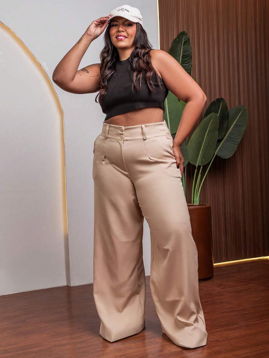 Wide Leg Plus Size Women's Long Elegant Dress Pants Comfortable  Bum Bum Lift Casual Elegant Boho Fabric Zipper Pocket Plus Size Evening Daily Holiday Birthday Party Formal & Evening Stage & Concert Travel Tea Party Country Music Concert Airport Wear - 米色 - 查看 1