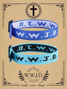 2条 Wwjd 字母提花针织手链，耶稣会怎么做？手绳保护祈祷手链，励志基督教饰品，适合青少年男孩女孩佩戴。
