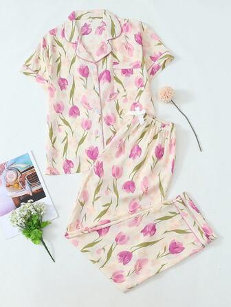 2 件套女士郁金香花卉印花翻领纽扣短袖上衣和裤子睡衣套装，舒适家居服，夏季
