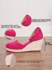 Women's Minimalist Ankle Strap Espadrilles, Vacation Faux Leather Metal Buckle Navy Suede Jute Rope Bottom, Blue Platform Wedge Heel Slip-On Loafers - Hot Pink - View 7