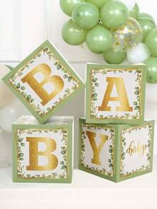 4pcs 27cm Babe Surprise Decoration Box, Including Green Leaves & Pink Flowers & Wooden Flower Box & Purple Butterfly Pattern, With B A B Y Letter Decoration, Baby Shower Decor Balloon Box, Gender Revealing Party Decoration Gift Box Photography Props Background Decoration Box, Birthday Decor Wedding Decor Home Decor Room Decor Background Decor Party Accessories, Birthday Gift Party Favor,Party Decor Photo Props - Baby Box - View 3