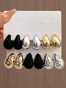 Set de 6 a 12 piezas Aretes con gota de agua, inspirados en el estilo INS, diseño minimalista y elegante, adecuado para uso diario, fiestas y viajes - Multicolor - Ver 5