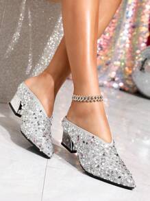 Pointed Toe Silver Sequin Material Mule Slippers, V-Cut Mid Heel Sexy Party Pumps, Versatile Vintage Grandmother Style High Heel Shoes For Women