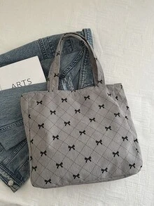 1 件简约时尚印花布质手提包拉链开口大容量单肩包适合女性日常休闲使用 - 灰色 - 查看 5