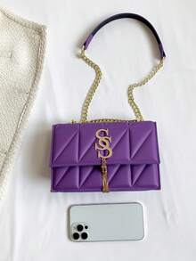 Fashion Plaid Quilted Metal Connector Flap Shoulder/Crossbody Bag For Women, Metal Tassel S Letter Decor, Versatile Commuter Tote, Small Square Bag , Purple - Purple - View 3