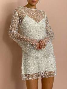 Women's Flash Mini Dress Long Sleeved Round Neck Sequined Dress Two-Piece Set - White - View 2
