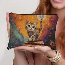 1pc Cute Cat Pattern Cosmetic Bag, Portable Travel Organizer Pouch, Women Handbag, Summer Bag, Ramadan Bag, Makeup Bag, Wallet, Graduation Backpack