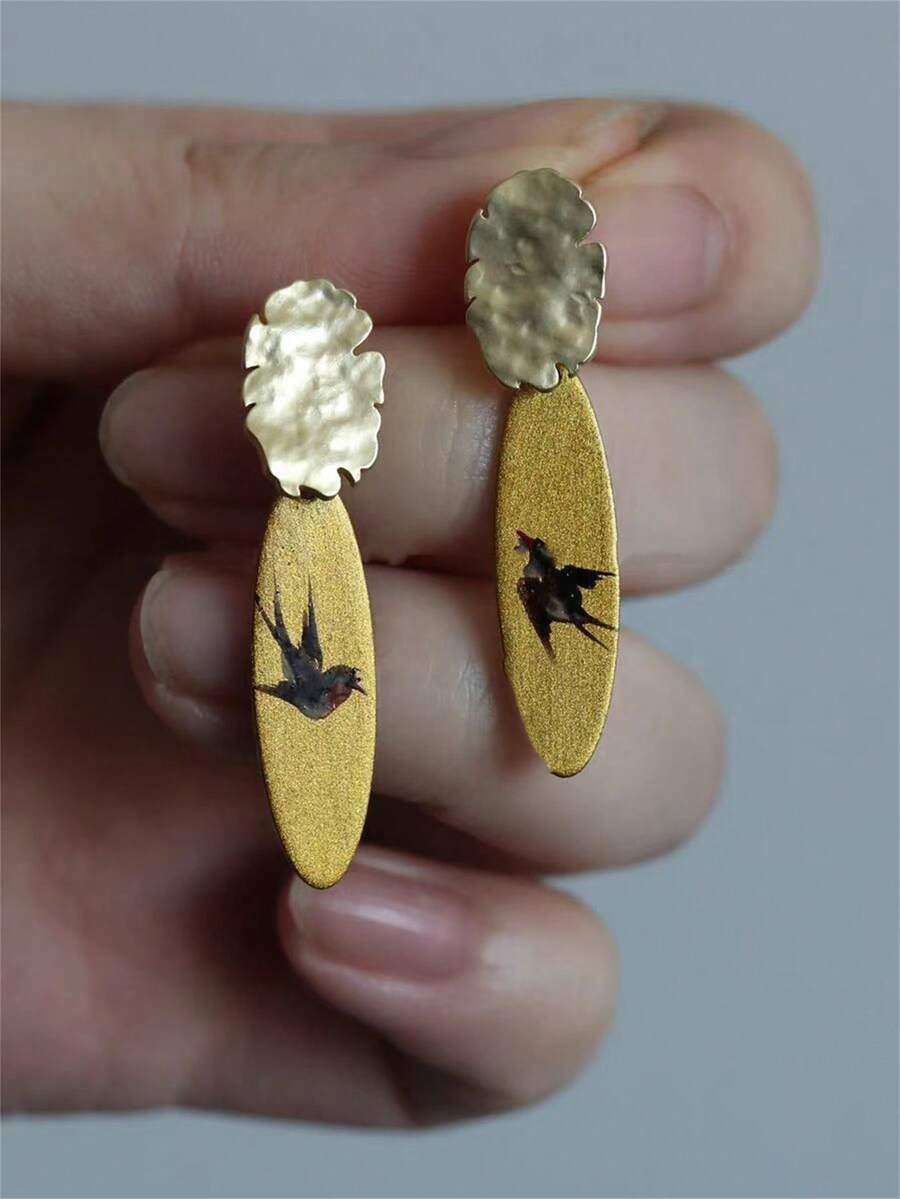 Hand-Painted Flying Swallow Earrings - Handmade Copper Lacquerware, Original "Swallow's Return" Design, Neo-Chinese Style - Earrings - View 1