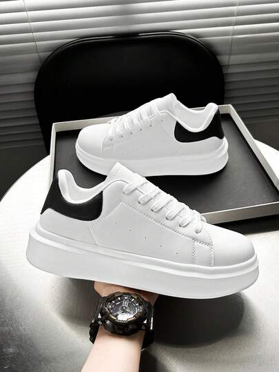 男士简约复古卡其色 PU 拼接系带休闲运动鞋，舒适百搭休闲/户外运动鞋，适合日常通勤，四季皆宜