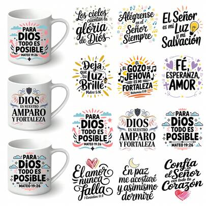 12 Piezas de papel de transferencia de versos bíblicos en español UV DTF para personalizar tazas y vasos - Brillante, impermeable, papel de transferencia de cita cristiana en español con adhesivo propio