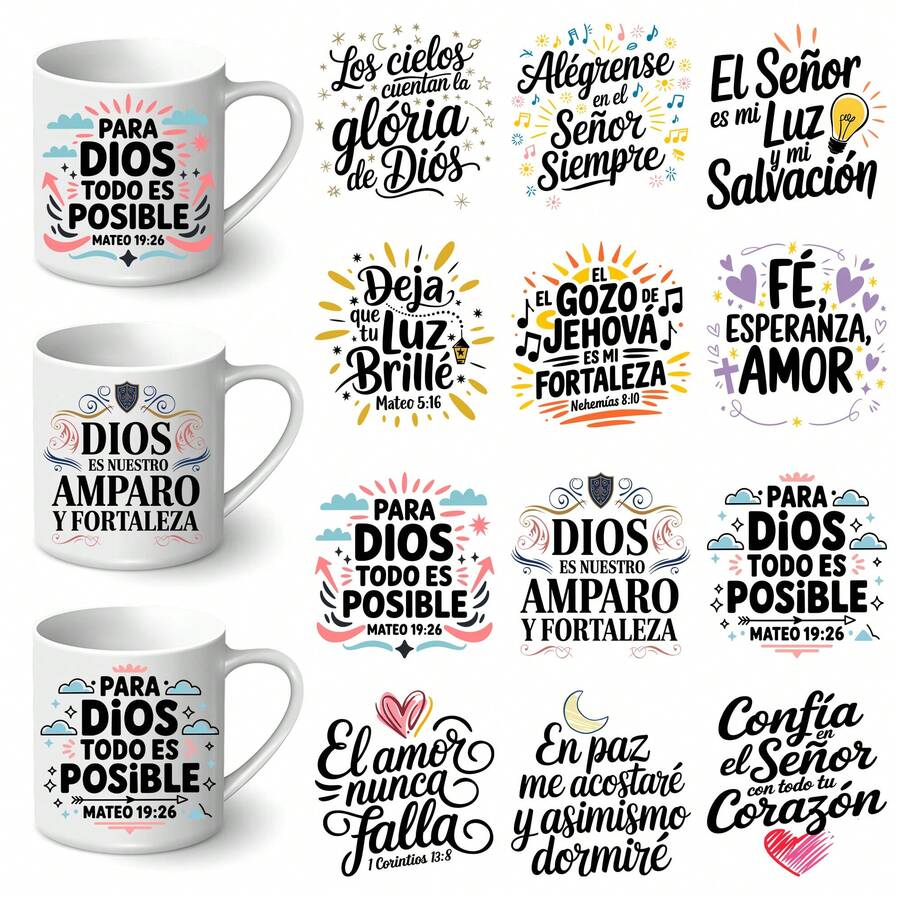 12Pcs Spanish Bible Verses UV DTF Transfer Paper For DIY Mugs, Glasses - Bright, Waterproof, Self-Adhesive Spanish Christian Quote Transfer Paper