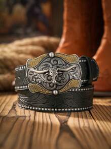1 pieza Cinturón de estilo vaquero occidental bohemio unisex con hebilla con diseño de animal, marrón oscuro vintage, informal para todas las estaciones