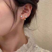 1 对优雅郁金香珍珠设计小巧耳环，时尚百搭女式耳钉 - 金黃色 - 查看 2