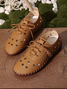 Women's Spring/Summer New Leather Flat Brown Casual Shoes, Hollow Design Round Toe Lace-Up Sandals, Breathable Comfortable Non-Slip