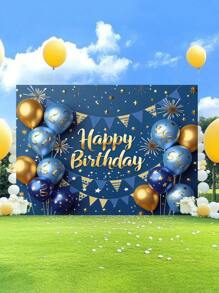 1pc 3D Blue And Gold Happy Birthday Photography Backdrops Glitter Stars Fireworks Balloons Flags Photo Background 59.1*39.4/82.7*59.1/106.3*70.9 Inches Newborn Shower Party Banner Indoor Outdoor Decoration Supplies