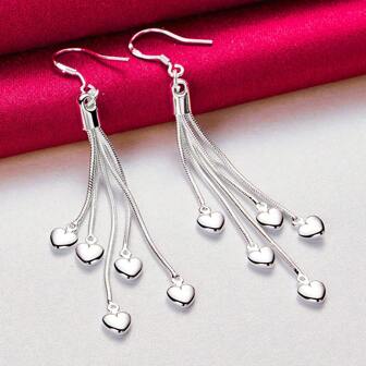 Charm 925 Silver Plated Five Heart Snake Chain Long Drop Earrings For Women Wedding Engagement Party Fashion Jewelry
