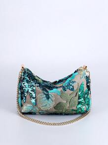 Geantă de umăr cu lanț de broderie cu paiete, geantă crossbody semicerc florală cu broderie cu design clasic, geantă de cină cu fermoar cu cusături cu paiete, la modă pentru femei. Tipul de geantă preferat, geantă multifuncțională, poate fi crossbody, lanț pliat în jumătate poate fi un umăr. (Poziția modelului tăiată aleatoriu)