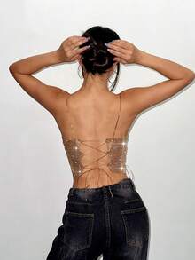 1pc Women's Sexy Metal Crystal Straps Cami Tank Top, Suitable For Party, Bar, Music Festival, Holiday And Everyday Wear - Gold - View 6