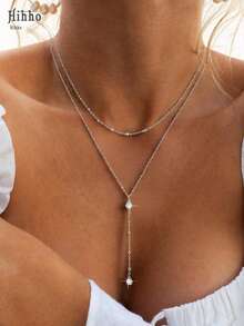 Hihho 1件欧美风格Y型双层锆石长流苏项链，适合性感女士晚礼服的珠宝配饰，独特的颈链（链上的珠子数量随机）