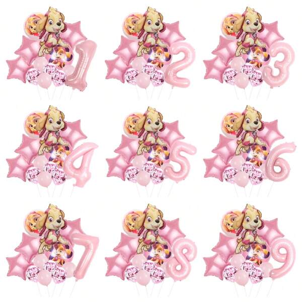 Paw Patrol Set de 13 globos de látex con diseño digital de la serie rosa del equipo "Woof" que hizo una gran contribución, globos de aluminio para decoración de fiesta de cumpleaños, combinación de globos de feliz cumpleaños, regalo de cumpleaños perfecto, decoración de pared para fiesta de revelación de género