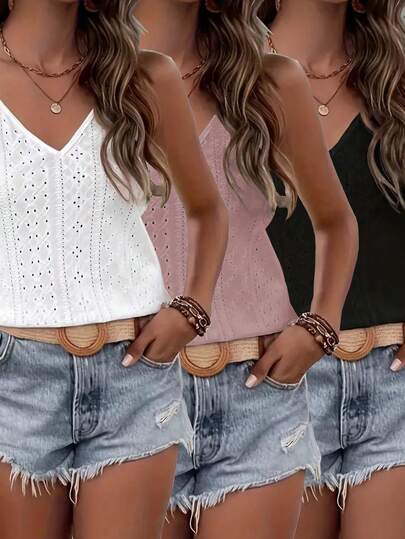 Set de 3 blusas de tirantes casuales de estilo europeo y americano con cuello en V y diseño calado, para el verano