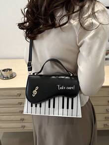 (Customized) 1pc Women Handbag With Customized Text Or Blessing Message, Shoulder & Crossbody Bag With Piano Pattern, Suitable As Gift For Family And Friends - Multicolor - View 6