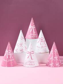 6pcs Pink Bow Birthday Hats, Bow Pattern Happy Birthday Paper Cone Party Hats, Bow Theme Party Decorative Hats, Happy Birthday Party Hats, Festival Celebration Party Headwear, Wedding Party Celebration Hats, Party Decorations, Birthday Party Photo Props, Birthday Decorations, Birthday Gifts, Party Favors - Pink Bow - View 3