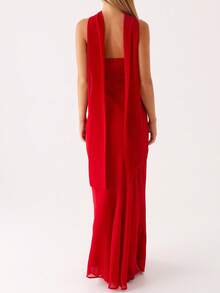 Womens Floral Strapless Dress With Scarf Y2k Backless Sleeveless Tube Maxi Long Dresses Sexy Mesh Bodycon Summer Beachwear - Solid Red - 查看 2
