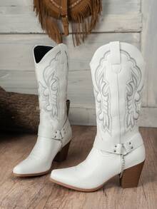 女式2024春秋新款刺绣白色西部靴，户外休闲时尚一脚蹬扣链中筒靴，牛仔靴 - 白色 - 查看 5