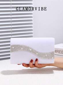 1pc Women's Fashionable & Elegant Velvet Diamond Decorated Evening Clutch Bag, Sparkling Rhinestone Embellished Flap Handbag, Detachable Metal Chain Shoulder Strap, Suitable For Party, Wedding, Prom, Nightclub, Birthday Gift, Formal Dress Accessory, Valentine's Day, Holiday Gift