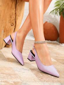 Tacones altos púrpura con punta afilada, sandalias de mujer con tira de satén minimalista, punta cerrada y tacón grueso, nueva colección primavera/verano 2025