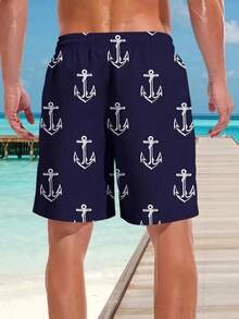 男士 3D 锚印花抽绳弹力速干沙滩短裤，黑色，略有弹性，夏季休闲泳裤