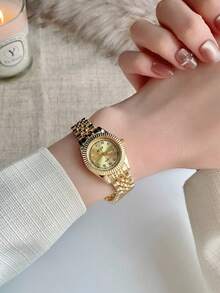1pc Women Golden Round Dial With Alloy Strap Casual Luxury Quartz Wristwatch Watch Suitable For Women Party,Holiday,Birthday Wear Or As Sisters,The Best Gift For A Lady - one-size - View 9