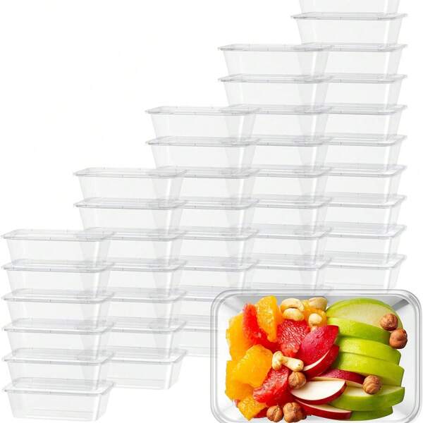 50 Peças Recipientes de Armazenamento de Alimentos de Plástico Livres de Bisfenol A com Tampas à Prova de Vazamento - 500ml, Empilháveis e Aptos para Micro-ondas, Adequados para Preparo de Refeições e Para Viagem, Caixas de Almoço Retangulares Duráveis para Alimentação Saudável, Recipientes de Alimentos Transparentes