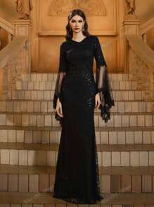 Black Sequin V-Neck Mesh Sleeves Prom Dress