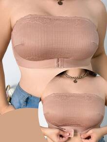 女士前开扣蕾丝拼接无肩带舒适无钢圈文胸