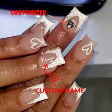 24pcs Custom Elegant White French Pointed Fake Nails With Shiny Heart Decor, Suitable For Women & Girls, Short Square Shape, Glittered Surface - Pink - View 1